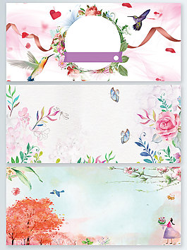 粉色花卉手绘花环展板背景