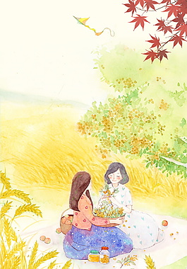 彩绘秋季麦田女孩背景