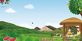 清新手繪田野庭院廣告背景