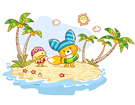 卡通夏日海邊玩耍的動物