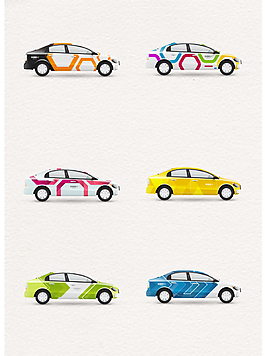 手绘彩色汽车和车贴设计图片