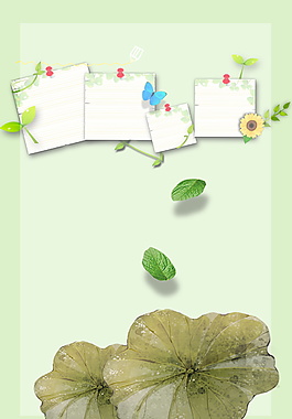 花朵蝴蝶绿叶标本绿色背景素材