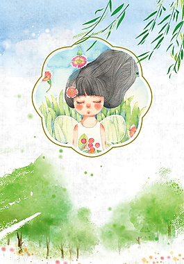 彩绘花环里的女孩头像绿色背景素材