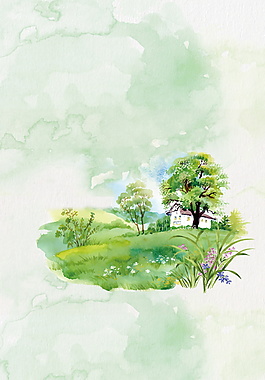彩墨小村樹木房子綠色背景素材