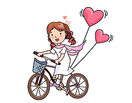 卡通愛心氣球女孩騎自行車矢量元素