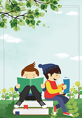坐在樹底下閱讀的小男孩背景素材