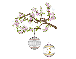 樹枝上懸掛的鳥籠矢量圖
