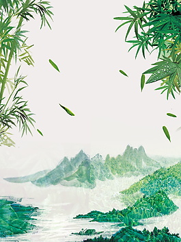 中国风绿色山河竹叶背景素材