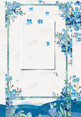 蓝色花朵叶子相框绿色背景素材