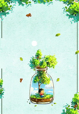 瓶子里的植物孩子綠色背景素材