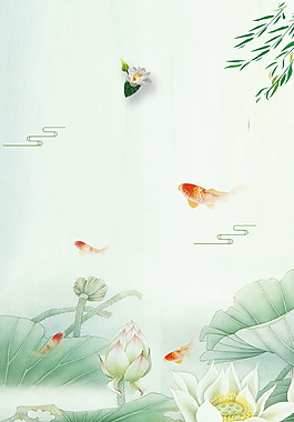 中国风手绘荷花鱼塘背景素材