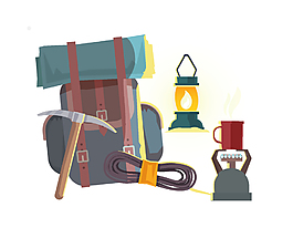 卡通登山背包工具元素