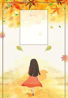 黄色枫叶相框女孩背影处暑背景素材