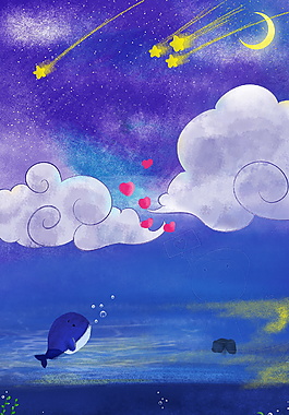 手绘星星云朵和鲸鱼七夕情人节背景素材