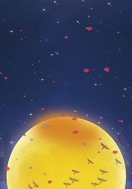 红色花瓣月亮上的喜鹊相会七夕情人节背景