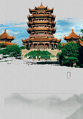 手绘中国风建筑黄鹤楼广告背景