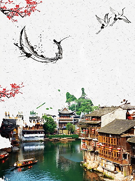 红梅花枝手绘仙鹤凤凰古城背景素材
