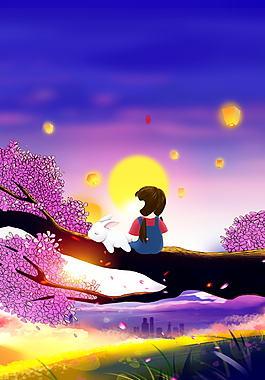 坐在花枝上赏月的女孩中秋背景素材