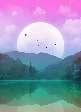 彩色圓月山水風景倒影背景素材