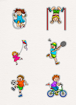 6款彩色卡通开心玩耍的儿童人物贴纸设计