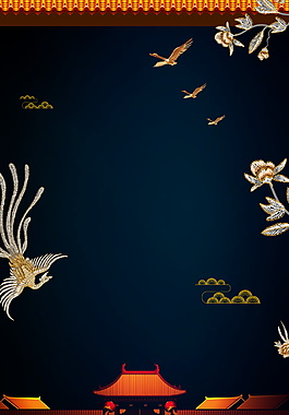 大氣藍色鳳凰花枝刺繡海報背景素材