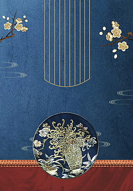 藍色經典刺繡花紋海報背景設計