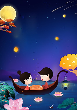 可愛卡通船上吃月餅賞月的小孩子中秋背景圖