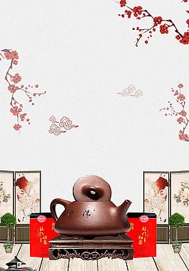 古典茶壶红梅花枝祁门红茶背景素材