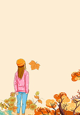 落葉堆里的女孩秋季背景素材