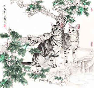 盧芳工筆畫松樹雙貓咪