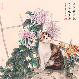 卢芳工笔画猫和菊花