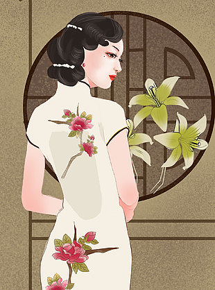 國潮手繪旗袍女插畫