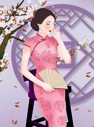 手繪旗袍女生插畫