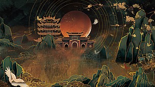 中國風復古燙金壁畫素材