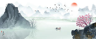 中式山水風景裝飾畫素材