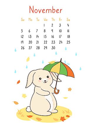 十一月兔年卡通英文版掛歷素材