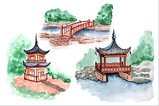 中式庭院水彩畫設計