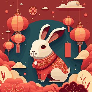 紅色中國風兔年節日插畫圖案下載
