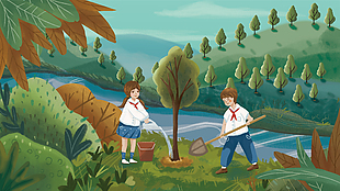 全民來(lái)植樹(shù)校園綠色公益插畫(huà)背景板下載