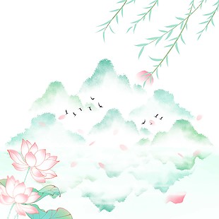清明節柳葉荷花水墨風免扣元素下載