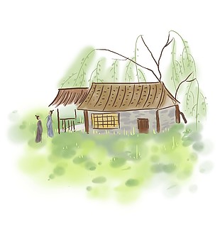水墨風古代村莊插畫背景設計