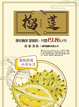 手繪水果榴蓮促銷海報