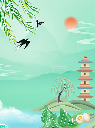 绿色国潮风山水端午节背景图素材设计