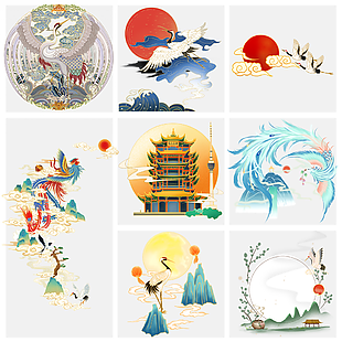 插畫國潮風仙鶴展翅圖片設計