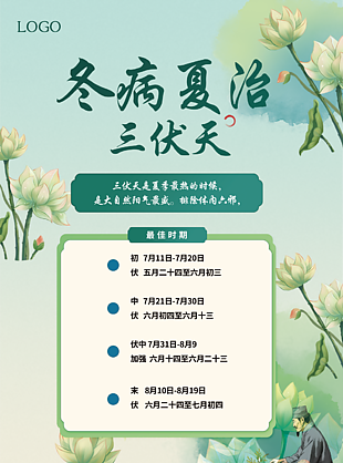 復古清新手繪冬病夏治三伏天海報圖設(shè)計