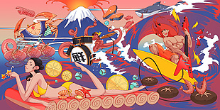 紅色卡通插畫美食海報系列