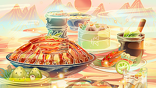 橙色漸變手繪山水插畫火鍋素材海報設計