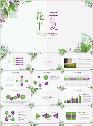 小清新手绘风花开半夏工作总结PPT模板
