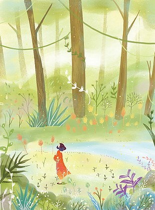 創意森系女孩叢林漫步背景插畫