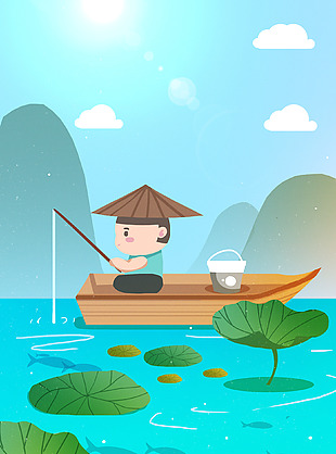 荷塘垂釣創(chuàng)意山水插畫背景